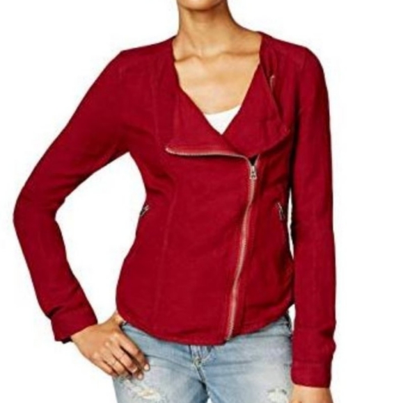 LUCKY BRAND ADDISYN UPDATE Dark Red Linen Blend Zip Up Moto Style Jacket Small - Picture 2 of 10